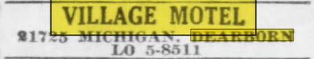 Village Motel (Village Inn of Dearborn) - 1958 Ad